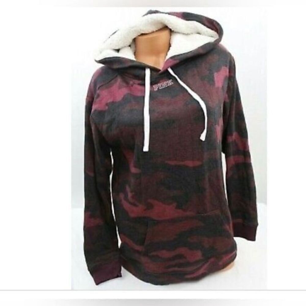 Pink Vs camouflage red bling sequin Sherpa Hoodie hooded sweatshirt jacket Large - Picture 2 of 7